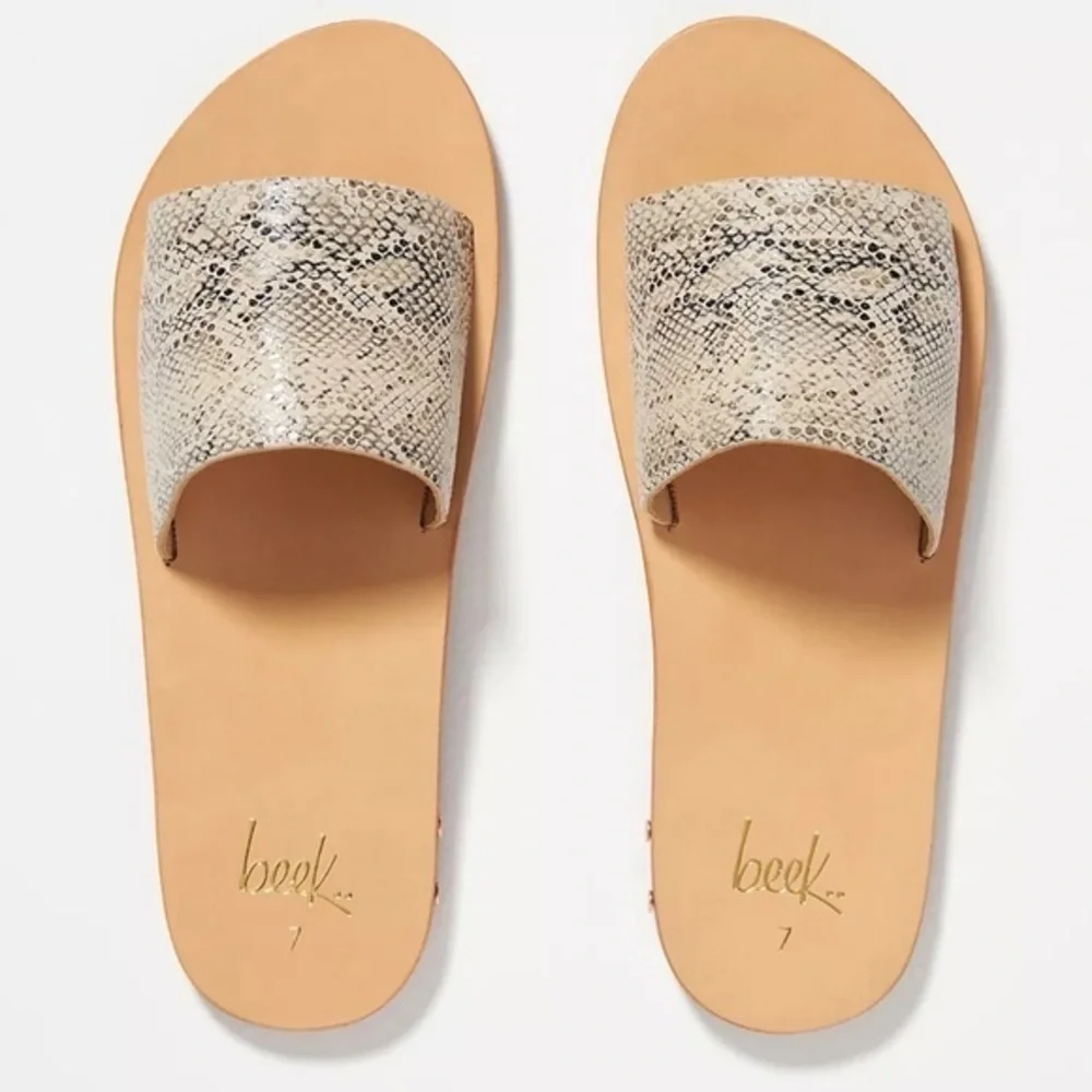Anthropologie Beek by Two Birds Mockingbird Slide Sandals Tan Snake NIB